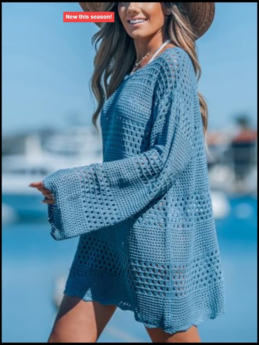 Crochet Swimsuit Cover Up Mesh Beach Dress Knit Pullover Long Sleeve - Picture 3 of 6